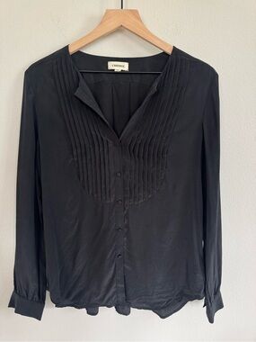 L'AGENCE 100% Silk Pleated Bib Blouse Black Long Sleeve Button Front Designer S